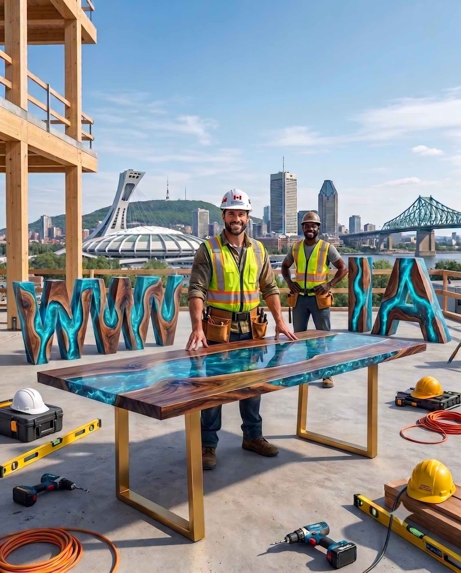 Two smiling construction contractors on a Montreal job site in front of illuminated WWW and AI letters, representing the professional website and AI receptionist built by AI Consultant SL